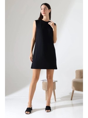 MetuCa Kadın Bisiklet Yaka Vatkalı Kolsuz Oversize Penye T-Shirt Tunik Elbise - Siyah