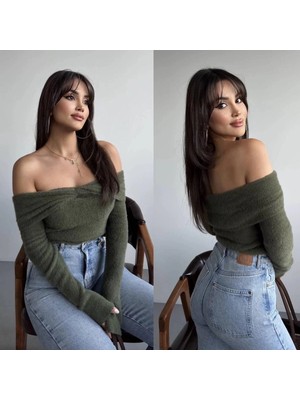 MetuCa Kadın Düşük Omuz Kayık Yaka Çapraz Drapeli Uzun Kollu Triko Kazak - Haki