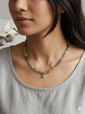 [ehm]prehnit Doğal Taş Hematit Detaylı Labradorit Sarkıt Taşı Paslanmaz Çelik Aparatlı Kadın Kolye