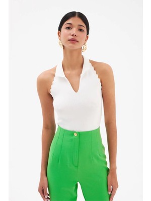 MetuCa Kadın Polo Yaka Halter Yaka Kenarları Tırtıklı Sırtı Açık Triko Bluz - Yeşil