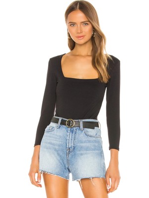 MetuCa Kadın Siyah Kare Yaka Uzun Kollu Çift Katlı Sandy Kumaş Tanga Bodysuit