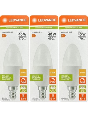 Avarson (3 Adet) Ledvance 4,9W Sarı Işık (2700K) E14 Duylu (Ince Duy) Dim Edilebilir LED Ampul