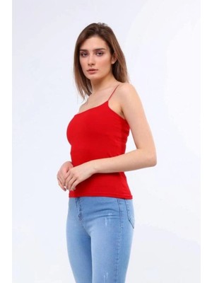 MetuCa Kadın Kırmızı Kare Yaka Ip Askılı Vücudu Saran Esnek Pamuklu Basic Atlet