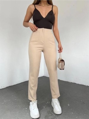 MetuCa Kadın Yüksek Bel Önü Dikişli Pens Detaylı Havuç Model Kumaş Pantolon - Bej