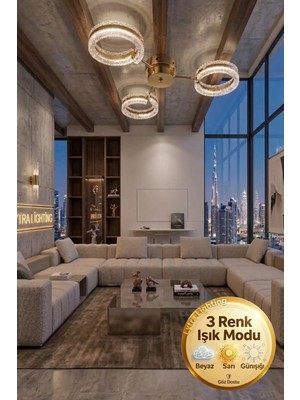 Lytra Lighting Aurea Model 3'lü Gold 3 Renk Modu Ledli Tavana Sıfır Salon Mutfak Çocuk Yatak Odası LED Avize