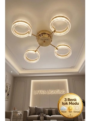 Lytra Lighting Aurea Model 4'lü Gold 3 Renk Modu Ledli Tavana Sıfır Salon Mutfak Çocuk Yatak Odası LED Avize