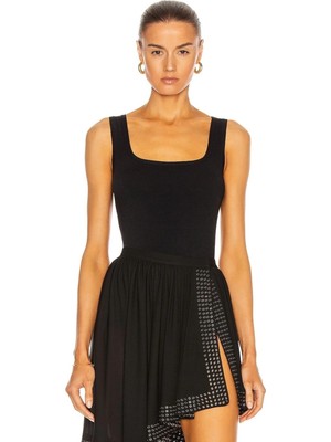 MetuCa Kadın Siyah Çift Katlı Sandy Kumaş Kare Yaka Askılı Çıtçıtlı Tanga Bodysuit