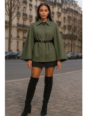 MetuCa Kadın Haki Gömlek Yaka Düğmeli Kemerli Oversize Kaşe Kumaş Pelerin Panço Ceket Kaban