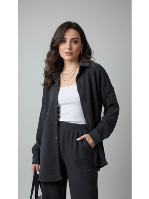 MetuCa Kadın Siyah Pamuk Bürümcük Takım Gömlek ve Beli Lastikli Geniş Paça Pantolon