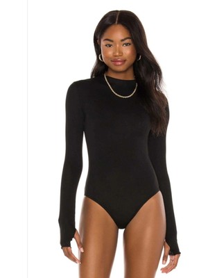 MetuCa Kadın Siyah Çift Katlı Sandy Yarım Balıkçı Parmak Geçirmeli Çıtçıtlı Bodysuit