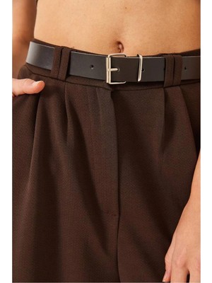 MetuCa Kadın Yüksek Bel Pileli Kemerli Bol Paça Palazzo Kumaş Pantolon - Kahverengi