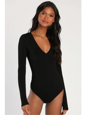 MetuCa Kadın Siyah V Yaka Uzun Kollu Tanga Kesim Esnek Sandy Bodysuit