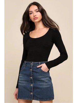 MetuCa Kadın Siyah U Yaka Uzun Kollu Tanga Kesim Sandy Kumaş Bodysuit