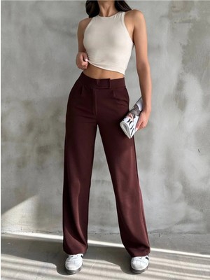 MetuCa Kadın Acı Kahve Yüksek Bel Cırtlı Pileli Bol Paça Palazzo Model Kumaş Pantolon