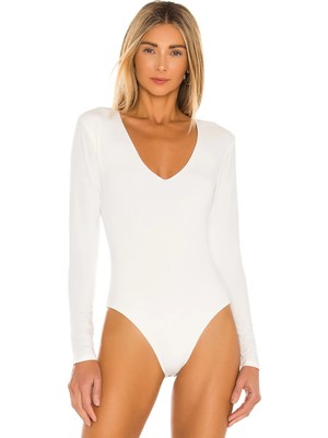 MetuCa Kadın Beyaz Çift Katlı Sandy Kumaş V Yaka Uzun Kol Çıtçıtlı Tanga Bodysuit