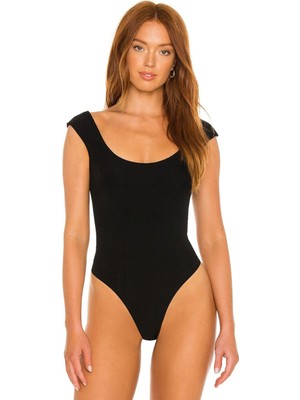 MetuCa Kadın Siyah Çift Katlı Sandy U Yaka Sırt Dekolteli Kısa Kol Çıtçıtlı Tanga Bodysuit