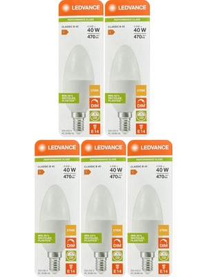 Avarson (5 Adet) Ledvance 4,9W Sarı Işık (2700K) E14 Duylu (Ince Duy) Dim Edilebilir LED Ampul
