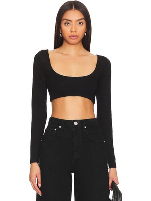 MetuCa Kadın Siyah Çift Katlı Sandy Kumaş Geniş U Yaka Uzun Kol Crop Bluz