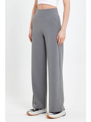 MetuCa Kadın Gri Korsaj  Yüksek Bel Cepli Palazzo Geniş Paça Krep Kumaş Pantolon