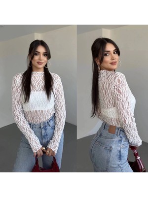 MetuCa Kadın Yarım Balıkçı Yaka Uzun Kollu File Desenli Dantel Transparan Bluz - Beyaz