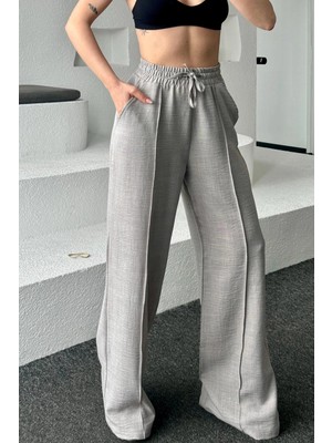 MetuCa Sofia Kadın Gri Yüksek Bel Beli Lastikli Dökümlü Keten Palazzo Pantolon