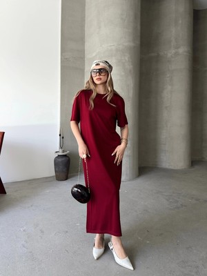 MetuCa Kadın Bordo Modal Kumaş Yanları Yırtmaçlı Salaş Uzun Tişört Elbise Iç Göstermez