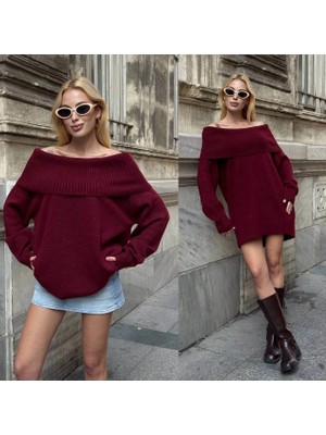 MetuCa Kadın Bordo Madonna Yaka Düşük Omuz Oversize Salaş Kalın Triko Kazak Elbise