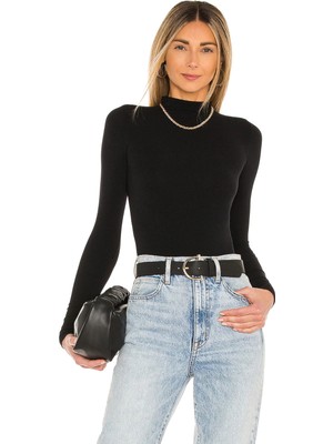 MetuCa Kadın Siyah Balıkçı Yaka Uzun Kollu Çift Katlı Sandy Kumaş Tanga Bodysuit