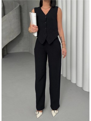 MetuCa Kadın Kolsuz V Yaka Düğmeli Yelek ve Bol Paça Pantolon Müslin Kumaş Takım - Siyah