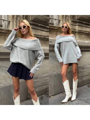 MetuCa Kadın Gri Madonna Yaka Düşük Omuz Oversize Salaş Kalın Triko Kazak Elbise