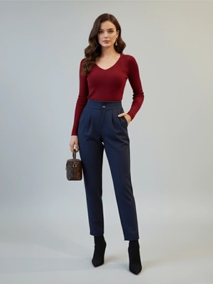 MetuCa Kadın Lacivert Yüksek Bel Çift Düğmeli Pensli Havuç Kesim Esnek Krep Pantolon