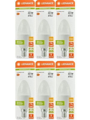 Avarson (6 Adet) Ledvance 4,9W Sarı Işık (2700K) E14 Duylu (Ince Duy) Dim Edilebilir LED Ampul