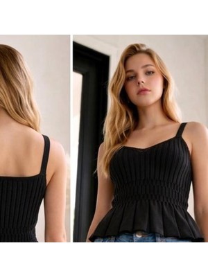 Modeva Global Kadın Ince Askılı V Yaka Fitilli Belden Volanlı Esnek Triko Kumaş Yazlık Şık Bluz