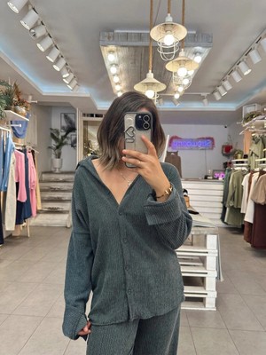MetuCa Kadın Zümrüt Pamuk Bürümcük Takım Gömlek ve Beli Lastikli Geniş Paça Pantolon