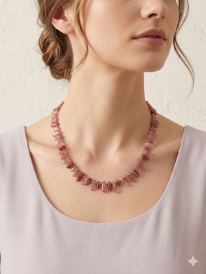 [ehm] Çilek Kuvars Doğal Taş & Hematit Detaylı Paslanmaz Çelik Kadın Kolye