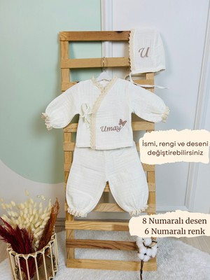 Karsu Tasarım 4 Kat Müslin Dantelli Hastane Çıkış Seti Isimli Nakış Işlemeli %100 Pamuk  (Zıbın Pijama Şapka)