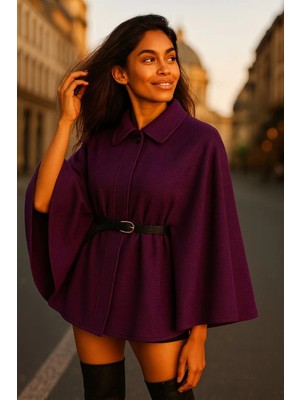 MetuCa Kadın Mürdüm Gömlek Yaka Kemerli Oversize Düğmeli Kaşe Kumaş Pelerin Panço Ceket Kaban