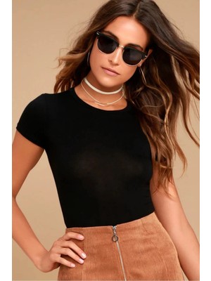 MetuCa Kadın Siyah Bisiklet Yaka Kısa Kollu Çift Katlı Sandy Kumaş Crop Tişört