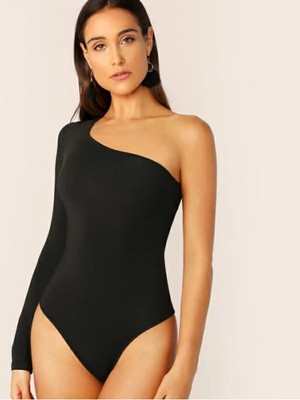 MetuCa Kadın Siyah Tek Omuz Uzun Kollu Asimetrik Çift Katlı Sandy Kumaş Çıtçıtlı Bodysuit