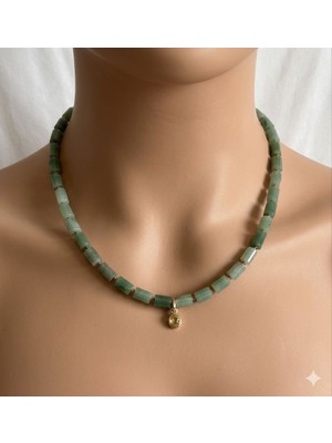 [ehm] Aventurin Doğal Taş Kolye Hematit Su Damlası Lal Uçlu Gold Çelik Aparatlı Özel Tasarım Kadın Kolye