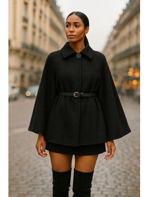 MetuCa Kadın Siyah Gömlek Yaka Düğmeli Kemerli Oversize Kaşe Kumaş Pelerin Panço Ceket Kaban