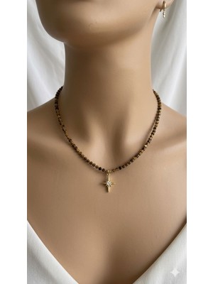 [ehm]kaplan Gözü Doğal Taş Kolye Hematit Detaylı Altın Kaplama Uçlu Çelik Aparatlı Gold Kadın Kolye