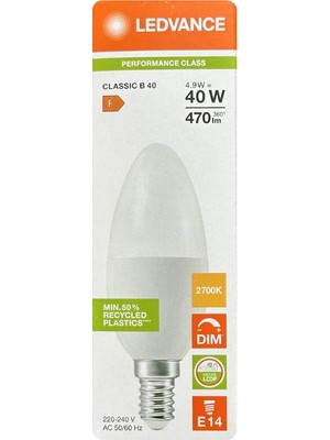 Avarson (1 Adet) Ledvance 4,9W Sarı Işık (2700K) E14 Duylu (Ince Duy) Dim Edilebilir LED Ampul