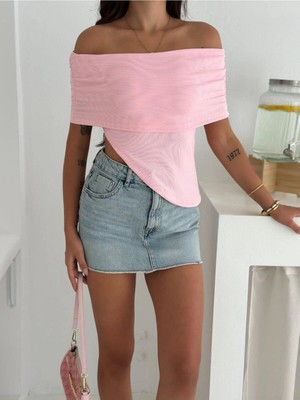 MetuCa Kadın Pembe Madonna Yaka Asimetrik Kesim Vücudu Saran Ottoman Kumaş Bluz