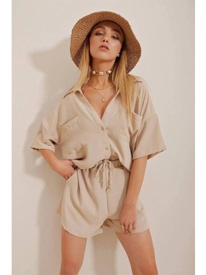 MetuCa Kadın Ayrobin Kumaş Gömlek Şortlu Takım