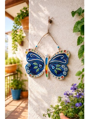 Marena Home Büyük Boy Seramik Kelebek Duvar Süsü 22X33 Cm, Renkli Bohem Dekoratif El Yapımı Duvar Dekoru, Akdeniz Tarzı Dekor