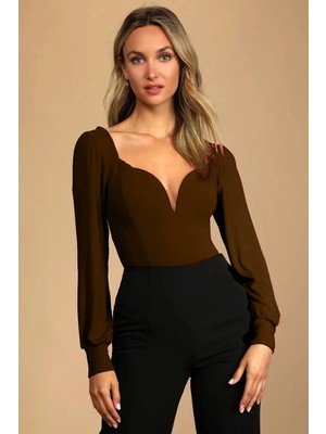 MetuCa Acı Kahve Çift Katlı Sandy Kumaş Kalp Yaka Uzun Kol Çıtçıtlı Tanga Bodysuit