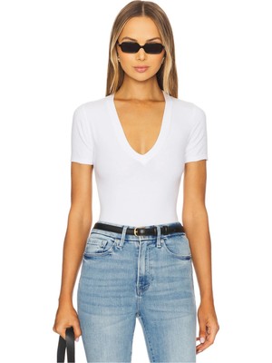 MetuCa Kadın Beyaz Çift Katlı Sandy Kumaş V Yaka Kısa Kol Çıtçıtlı Tanga Bodysuit