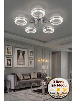 Lytra Lighting Aurea Model 5'li Gümüş 3 Renk Modu Ledli Tavana Sıfır Salon Mutfak Çocuk Yatak Odası LED Avize