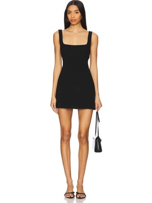 MetuCa Kadın Siyah Kare Yaka Kalın Askılı Vücudu Saran Esnek Sandy Kumaş Mini Elbise